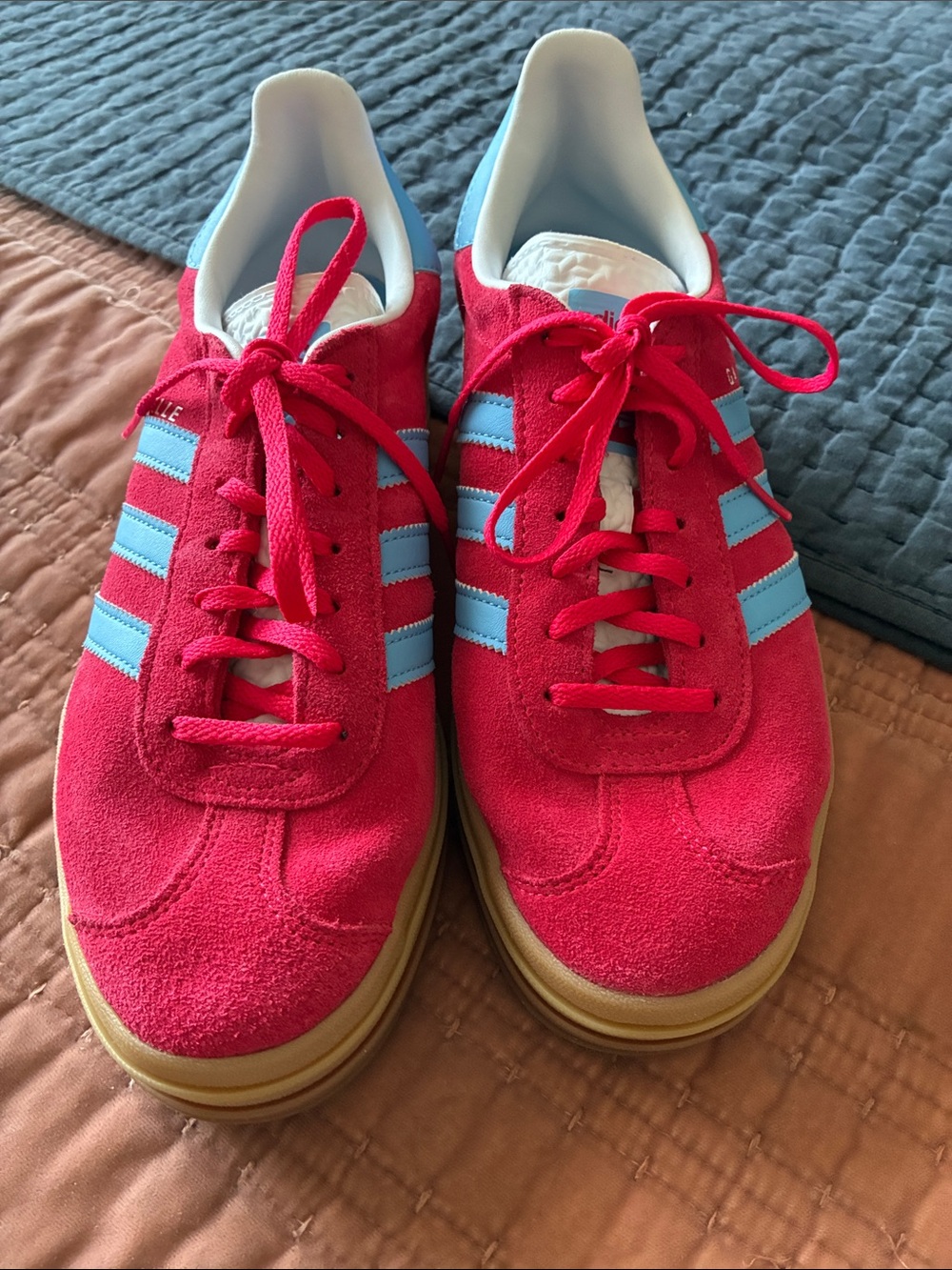 adidas Women’s Red Suede Sneakers with Light Blue Stripes